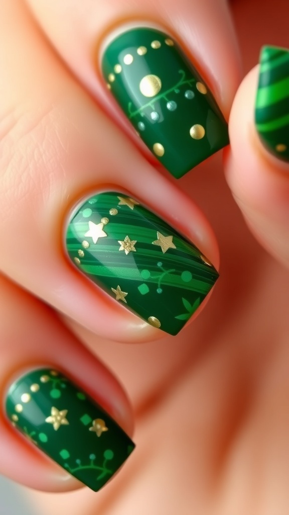 Close-up of green vintage Christmas nail art with intricate patterns.